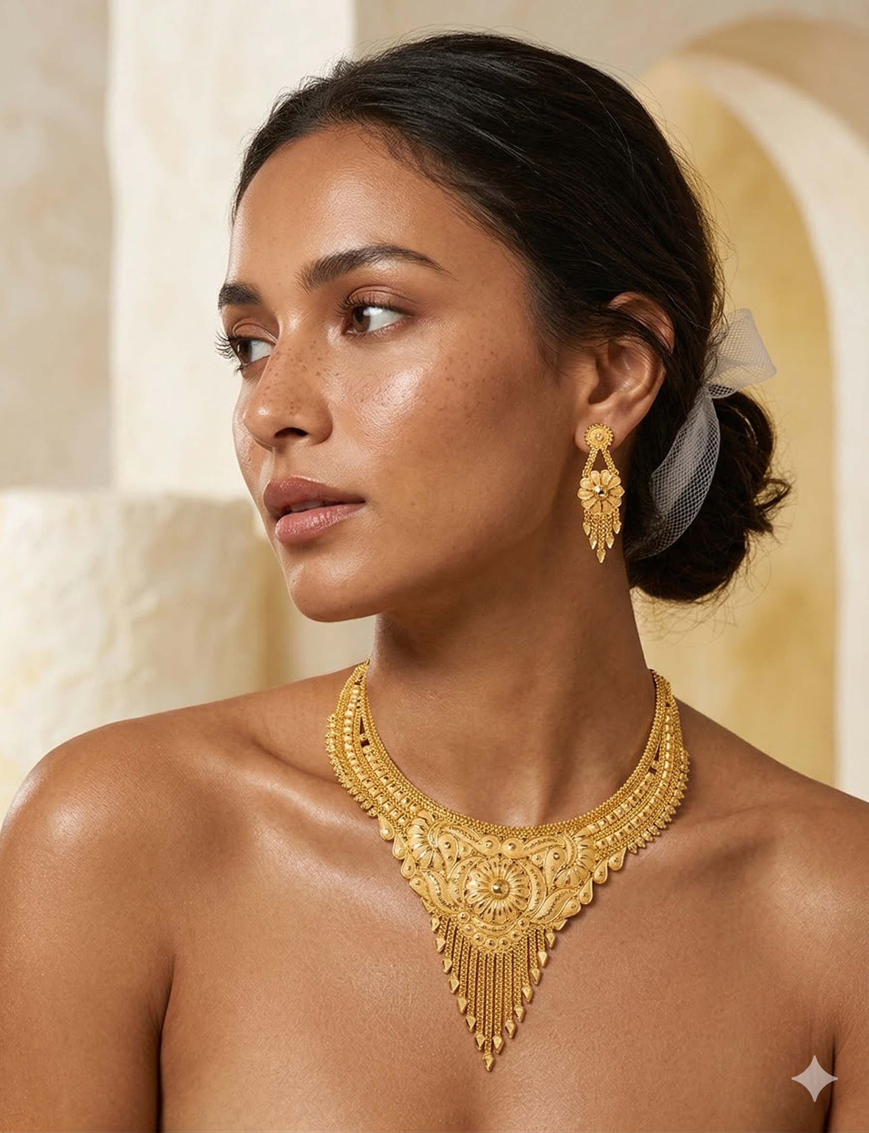 AI-generated studio-quality product photo of model wearing gold jewellery